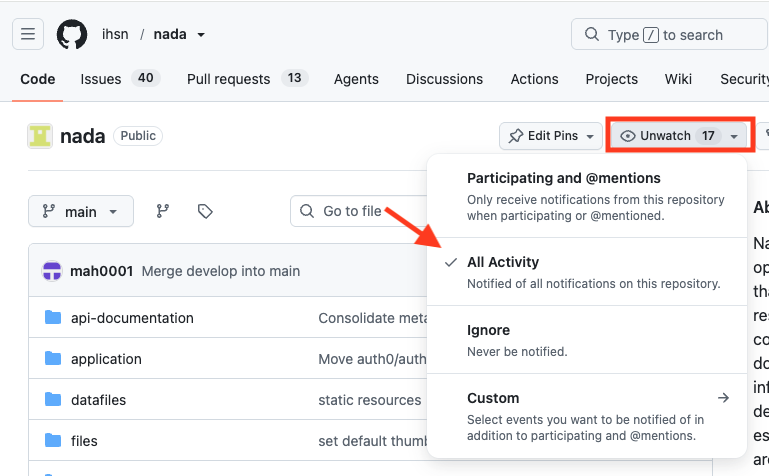 GitHub Watch menu on the NADA repository, with All Activity selected